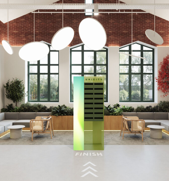 Нестандартный дизайн офиса продаж для застройщика «Унистрой» - фото №1