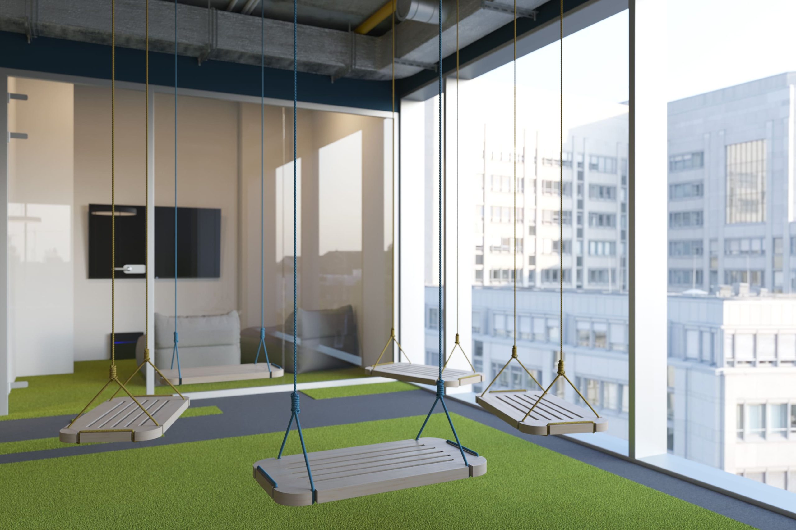 В зоне отдыха офиса IT-компании Fortis Online предложили разместить не только мягкие диванчики, но и качели В зоне отдыха офиса IT-компании Fortis Online предложили разместить не только мягкие диванчики, но и качели