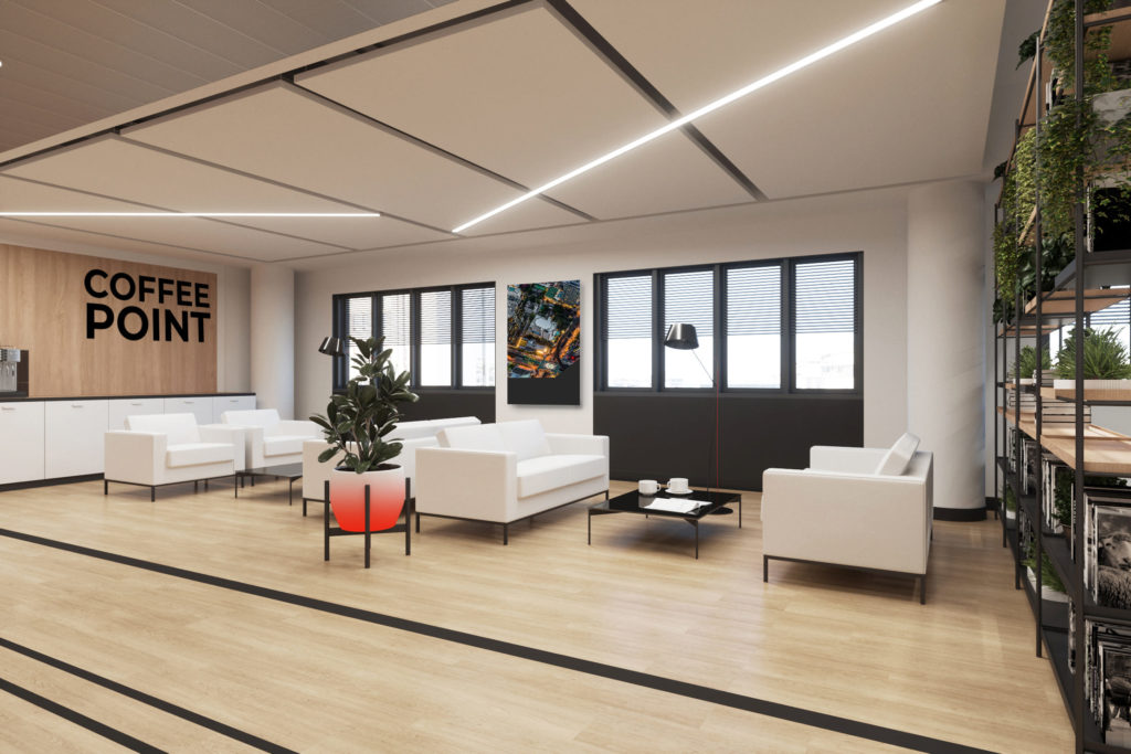 Оптимально совместить лаунж-зону с кофе-поинтом, а кухню выделить отдельно, чтобы избежать распространения запахов Оптимально совместить лаунж-зону с кофе-поинтом, а кухню выделить отдельно, чтобы избежать распространения запахов