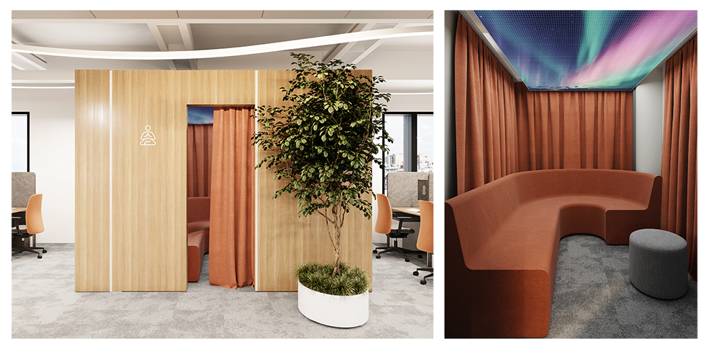 В проекте для офиса «Sever Minerals» оборудовали комнату для медитации с диваном, шторками и диджитал-экраном на потолке, транслирующим северное сияние В проекте для офиса «Sever Minerals» оборудовали комнату для медитации с диваном, шторками и диджитал-экраном на потолке, транслирующим северное сияние