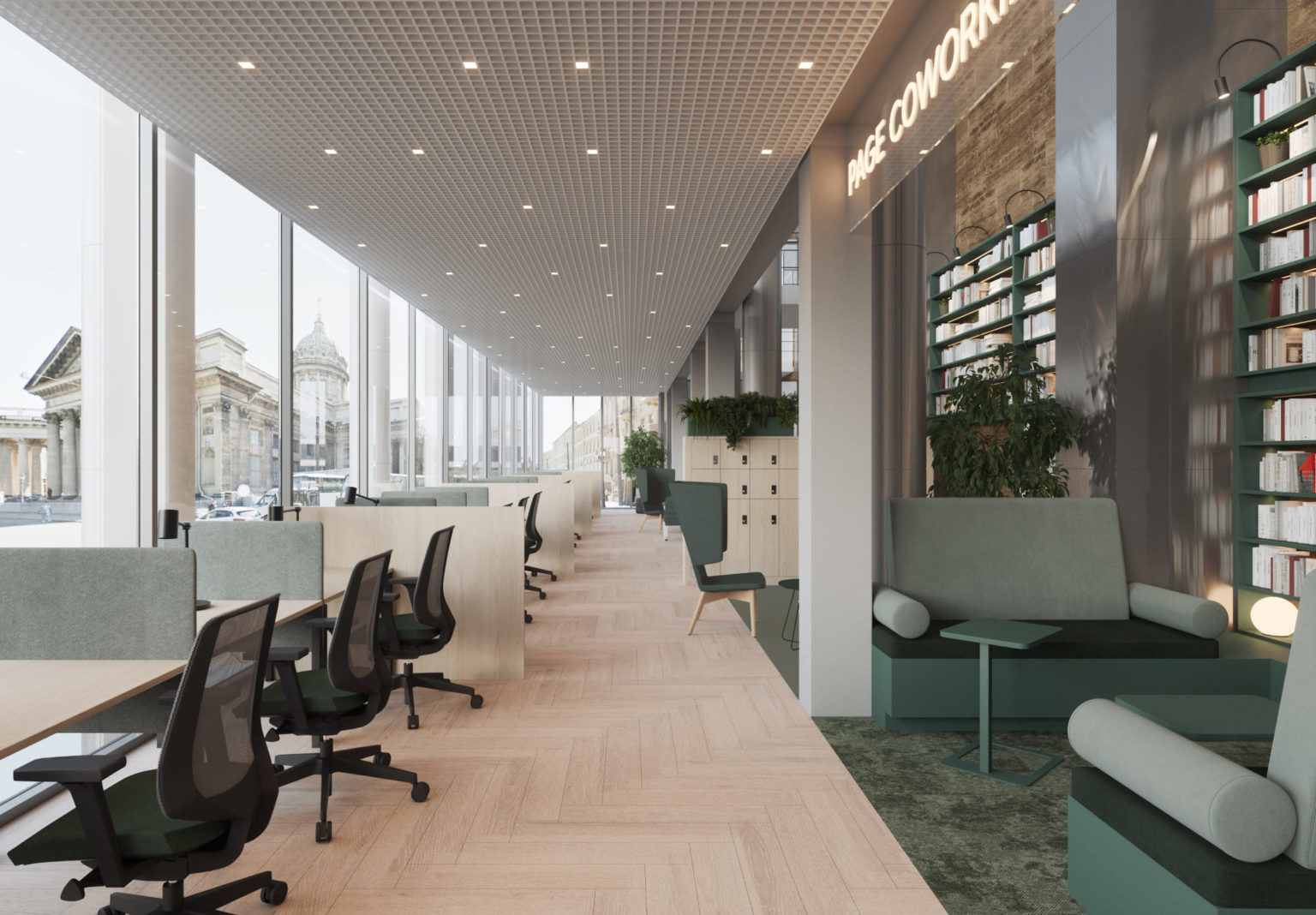 Например, в проекте PAGE Казанская рабочие места в формате open space сочетаются с диванами и креслами, высокими столешницами и офисными столами Например, в проекте PAGE Казанская рабочие места в формате open space сочетаются с диванами и креслами, высокими столешницами и офисными столами